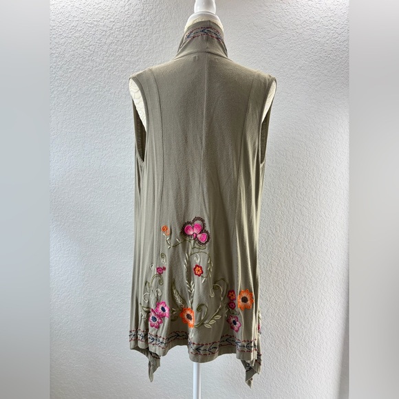Caite / Athleta Floral Embroidered Open Front Olive Green Cardigan Vest Medium - Picture 5 of 8